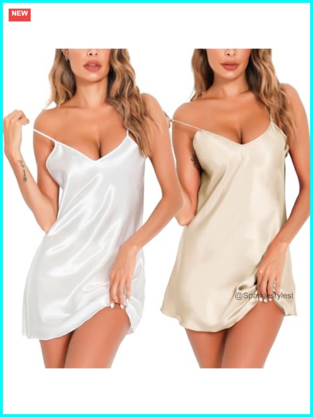 Women's Satin Silk Nightgown 2 Pack V-Neck Sleepwear Lingerie Sleeveless